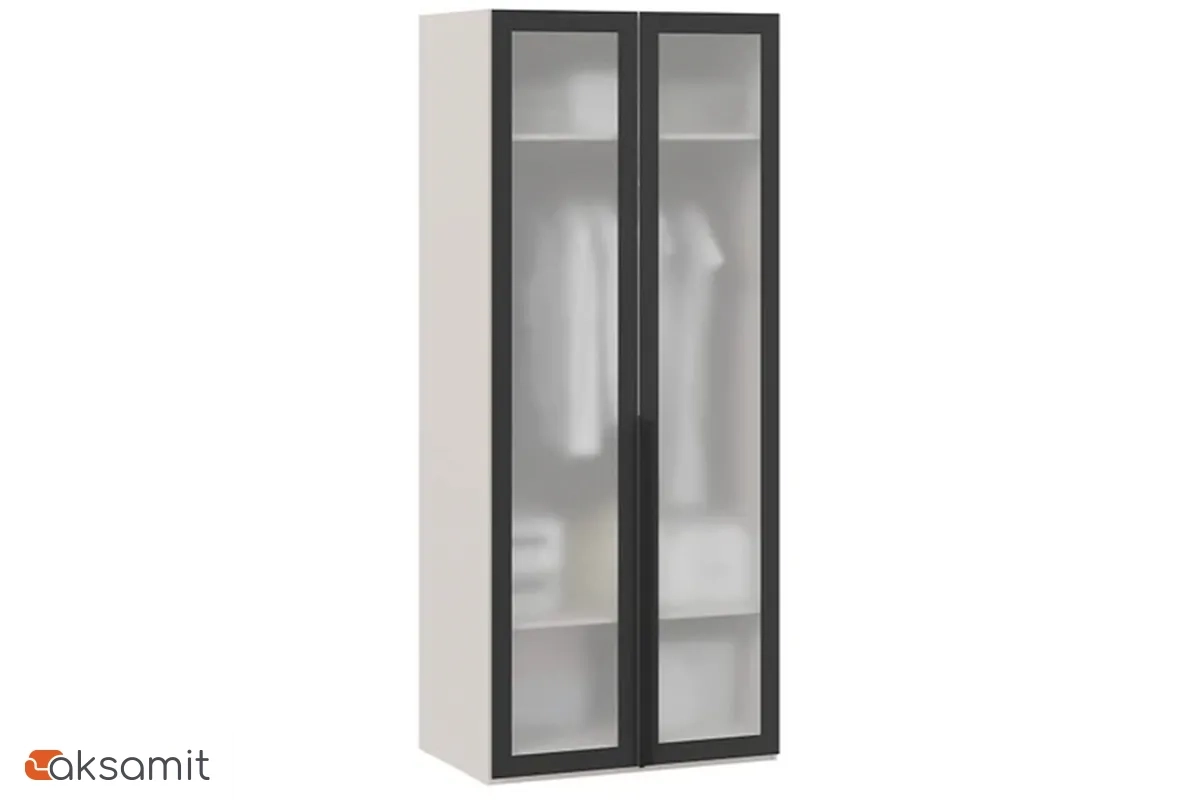 Шкаф для одежды Порто СМ-393.07.009 (580) с 2 дверями со стеклом (Кашемир матовый / Графит / Стекло сатин черное)
