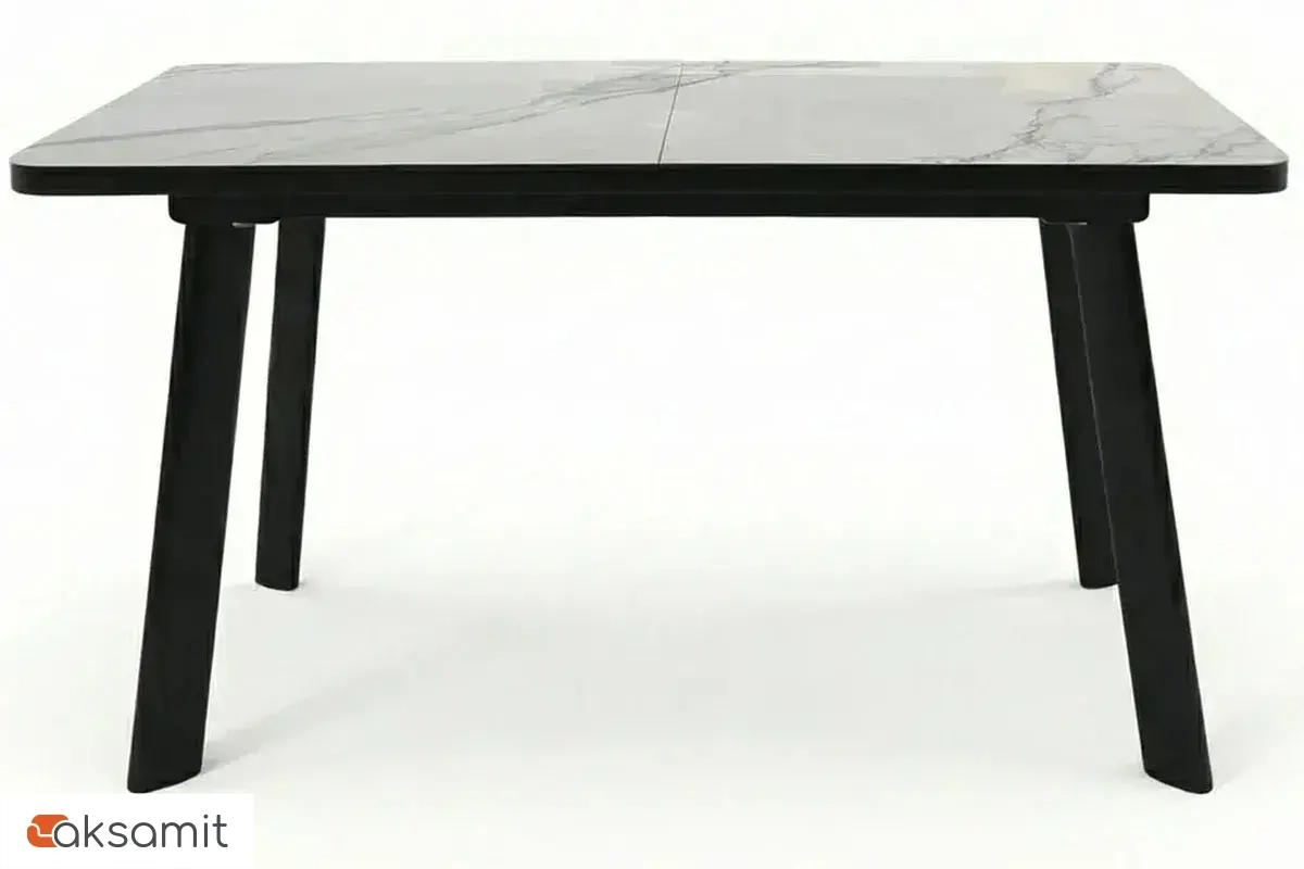 Стол обеденный Норд 1400х800 (Керамика YB9020022BG Белый мрамор прожилки латте / ЛДСП с черной кромкой / Металл черный)