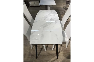 Стол обеденный Квин 1100(1500) (Стекло с фотопечатью Белый мрамор / МДФ Черный кварц / металл черный)