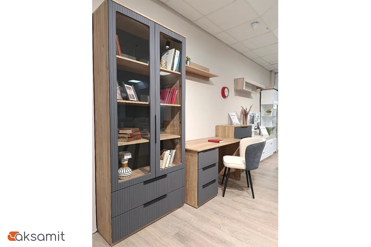 Шкаф-витрина Астория (06) 2-х дверный с ящиками (Дуб кастелло медовый / Графит софт)