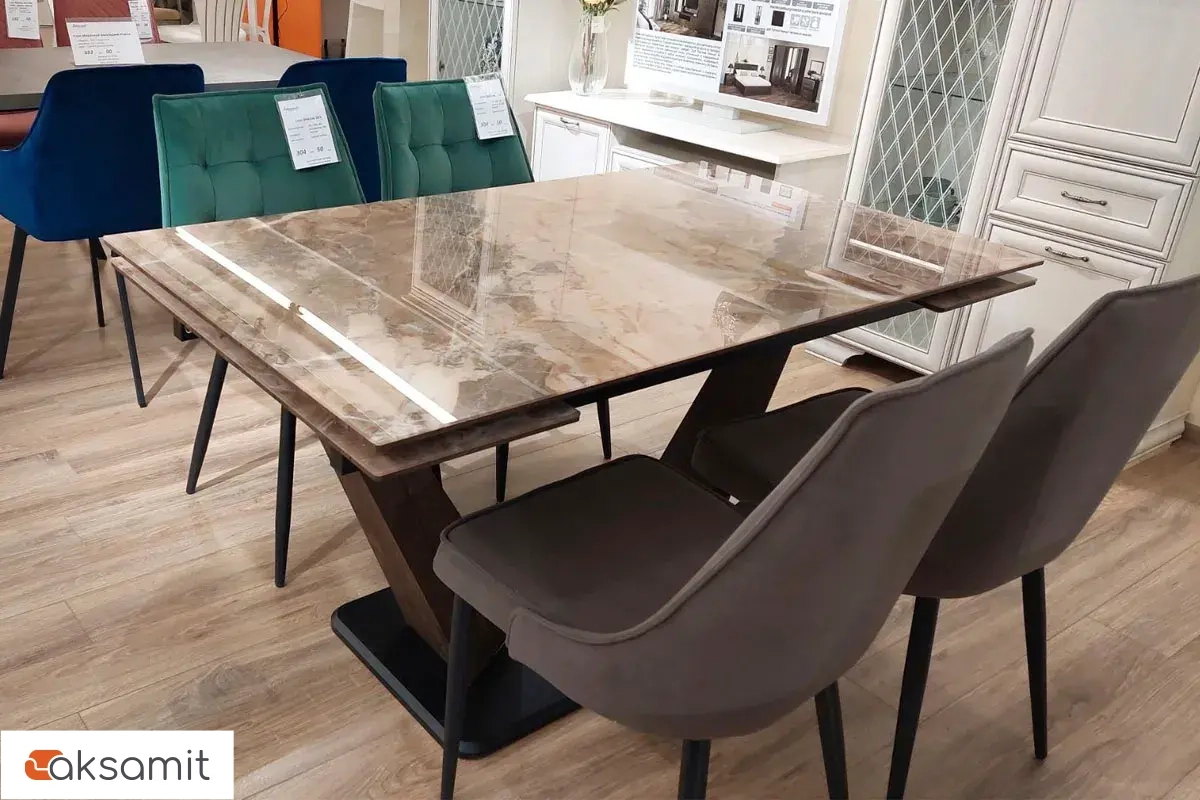 Стол обеденный Вирджиния 1400(2000) (Стекло с фотопечатью Каталония / МДФ Лесной орех / рама черная / МДФ Лесной орех / МДФ Черный кварц)