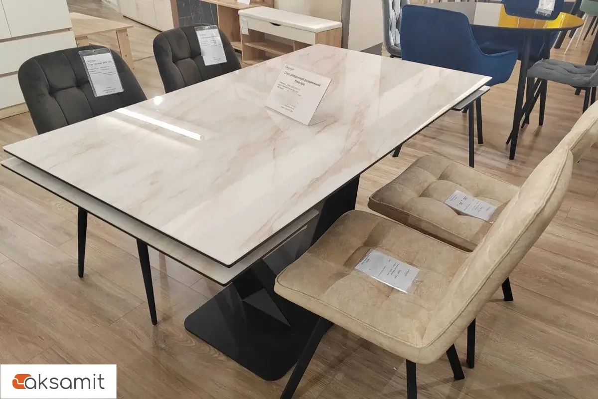 Стол обеденный Ниагара 1400(2000) (Стекло с фотопечатью Леонардо / МДФ Черный кварц / рама черная / металл черный)