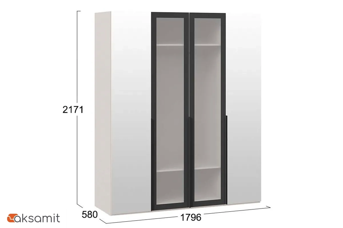 Шкаф для одежды Порто СМ-393.07.115 (580) с 2 зеркальными и 2 стеклянными дверями (Кашемир матовый / Графит / Стекло сатин черное)