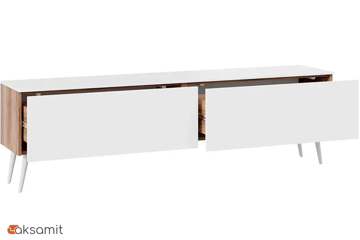 Тумба Порто СМ-393.03.011 для теле- и радиоаппаратуры с опорами (Яблоня Беллуно/Белый софт/Белый)