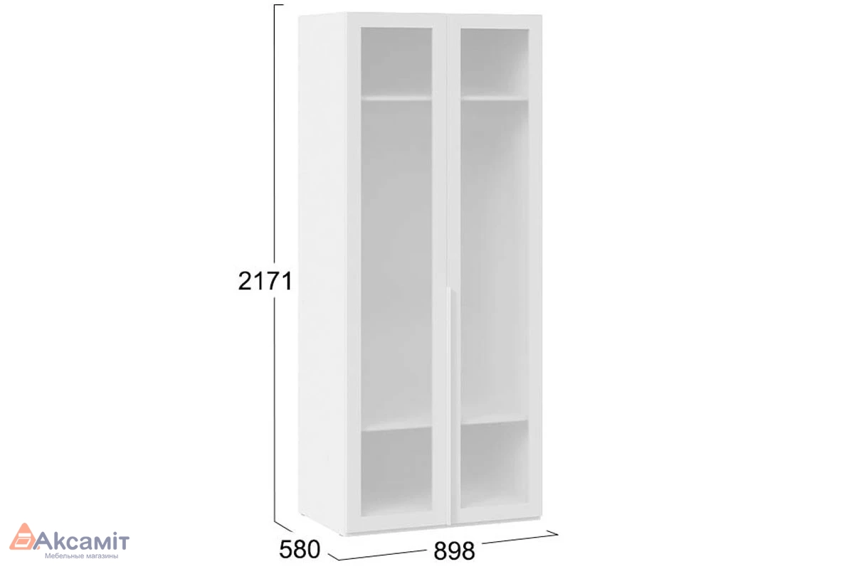 Шкаф для одежды Порто СМ-393.07.009 (580) с 2 дверями со стеклом (Белый Жемчуг/Стекло сатин белое)