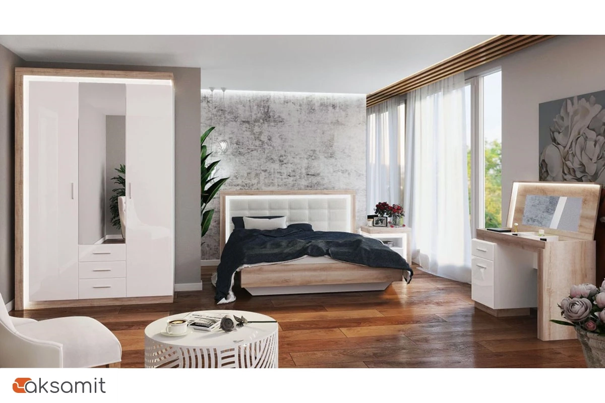 Кровать Люмен 28 с ПМ и подсветкой 160х200 (Дуб сакраменто/Белый снег)