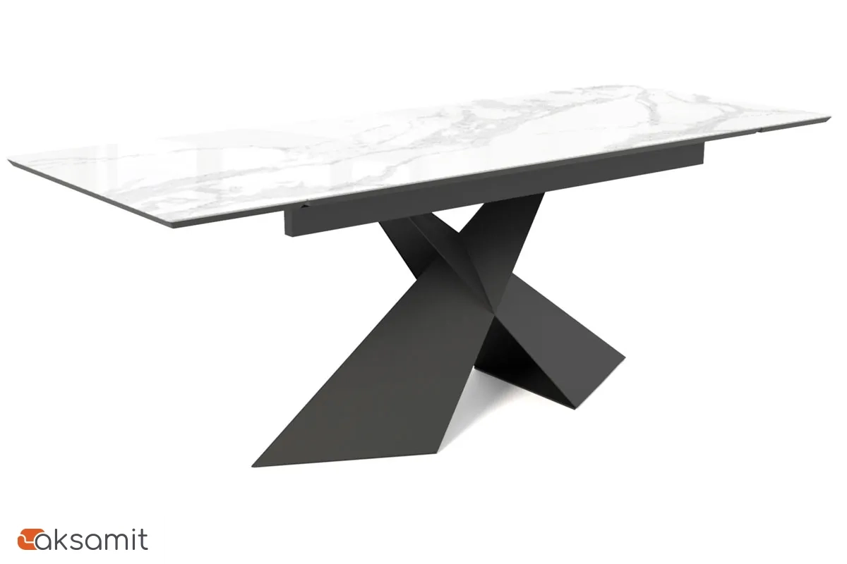 Стол обеденный Марвел 1400(2000) (ст. №2 / Стекло Оптивайт с фотопечатью Белый мрамор/МДФ Черный Кварц/Металл Черный)
