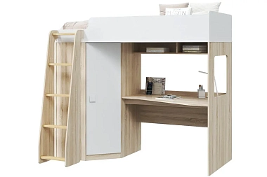 Кровать-чердак Соня-9 со шкафом и столом (Дуб сонома/Белый)