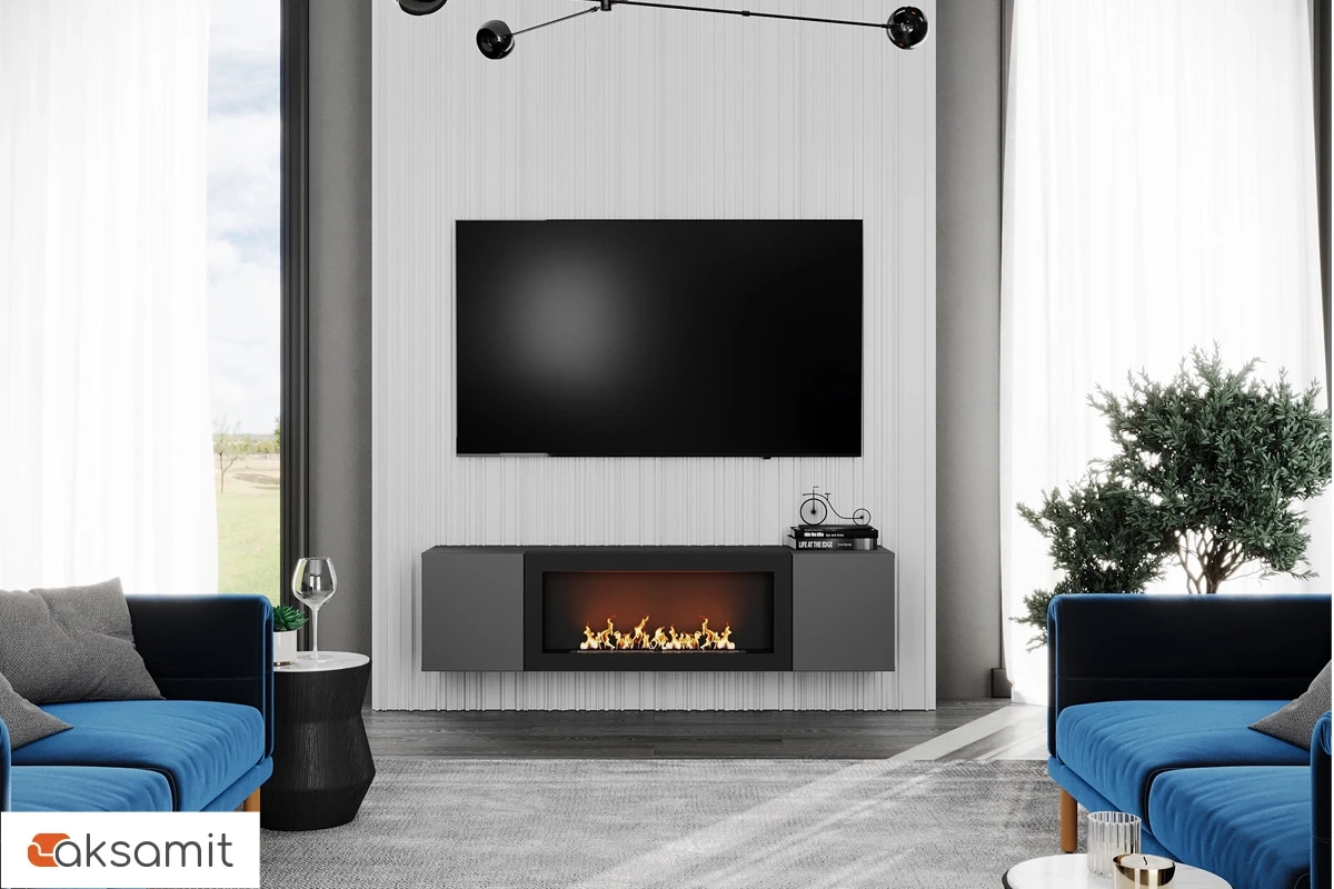 Шкаф навесной POINT ТИП-28 SBK с биокамином (Серый/Графит)