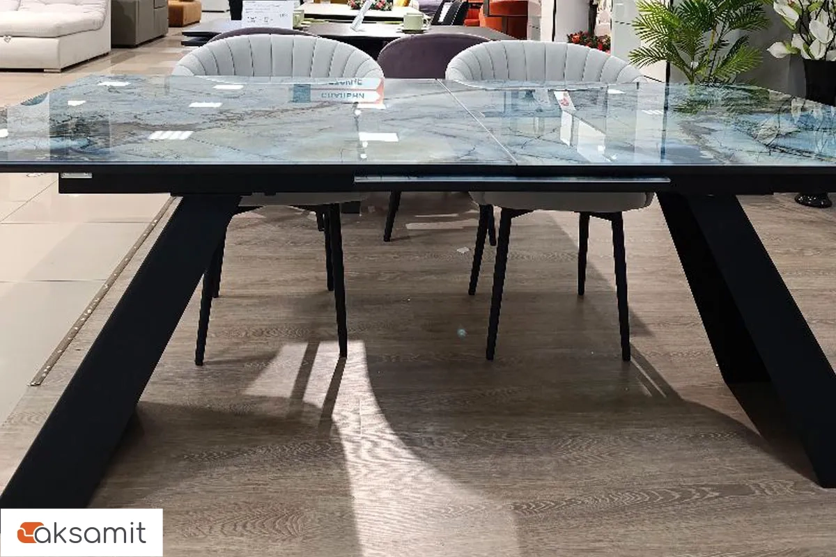 Стол обеденный Оникс 1800(2300) (Стекло с фотопечатью Магеллан / МДФ Черная шагрень / рама черная / металл черный)