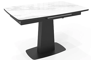 Стол обеденный Слим 1200(1600) (Стекло с фотопечатью Белый мрамор / МДФ Черный кварц / рама черная / металл черный)