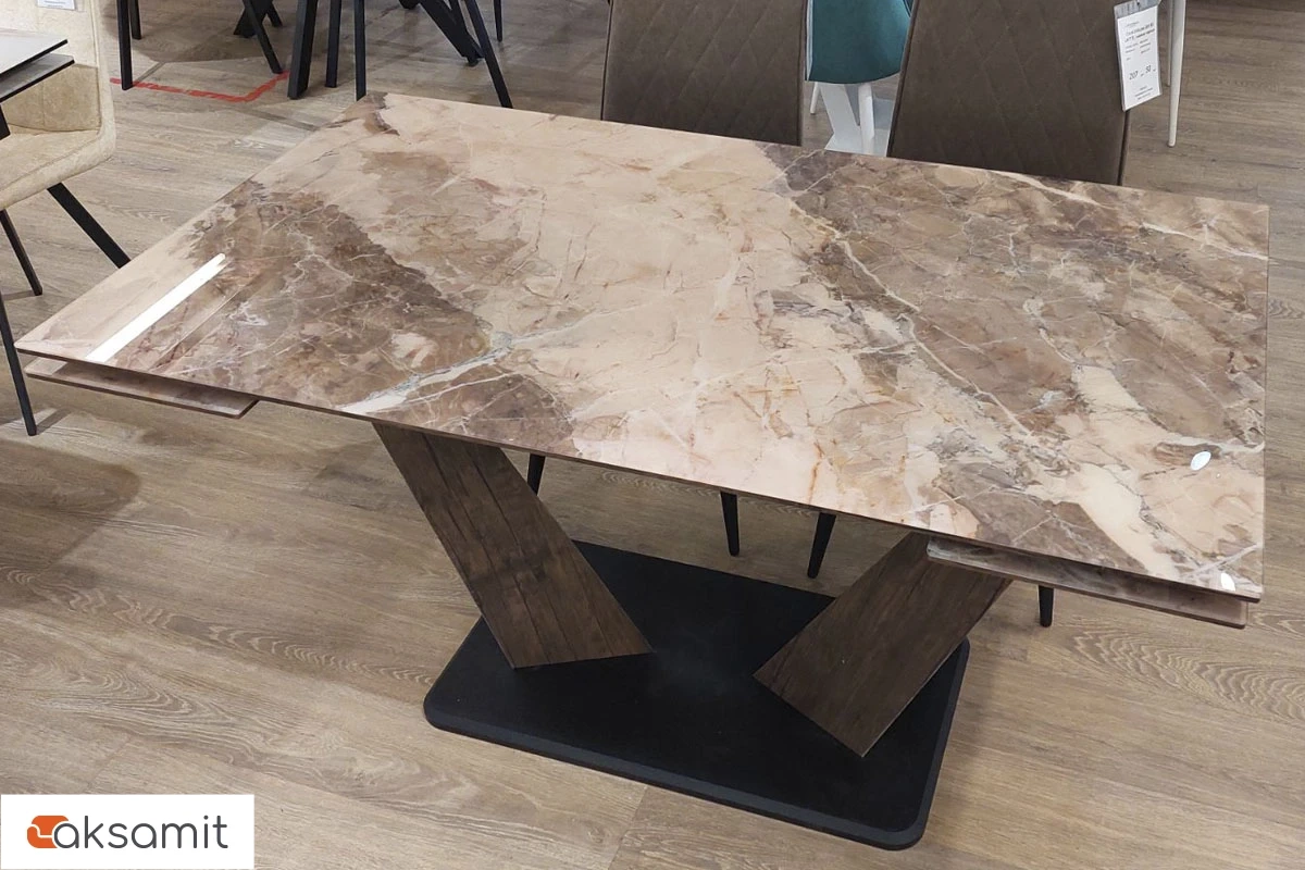 Стол обеденный Вирджиния 1400(2000) (Стекло с фотопечатью Каталония / МДФ Лесной орех / рама черная / МДФ Лесной орех / МДФ Черный кварц)