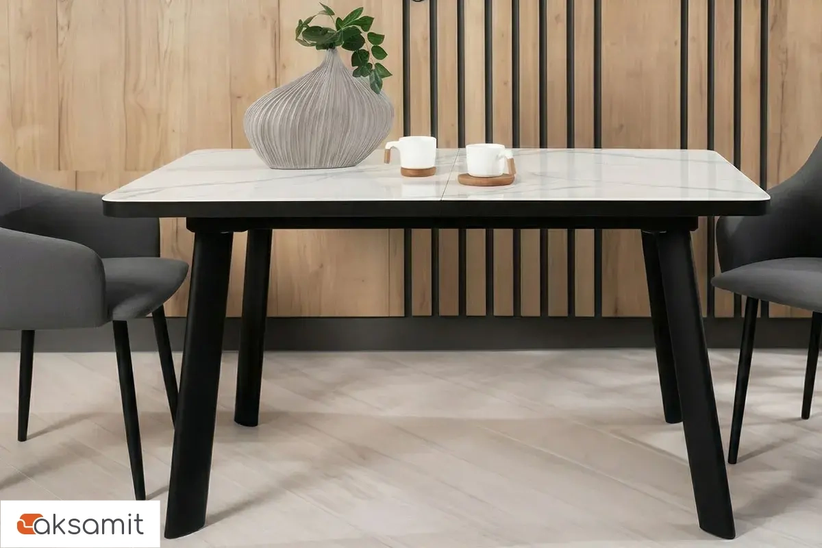 Стол обеденный Норд 1400х800 (Керамика YB9020023B Matte Белый мрамор / ЛДСП с черной кромкой / Металл черный)