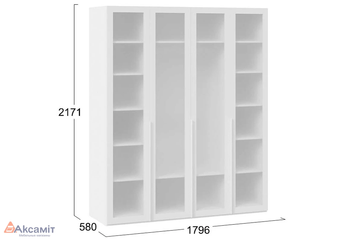 Шкаф для одежды Порто СМ-393.07.114 (580) с 4 стеклянными дверями (Белый Жемчуг/Стекло сатин белое)