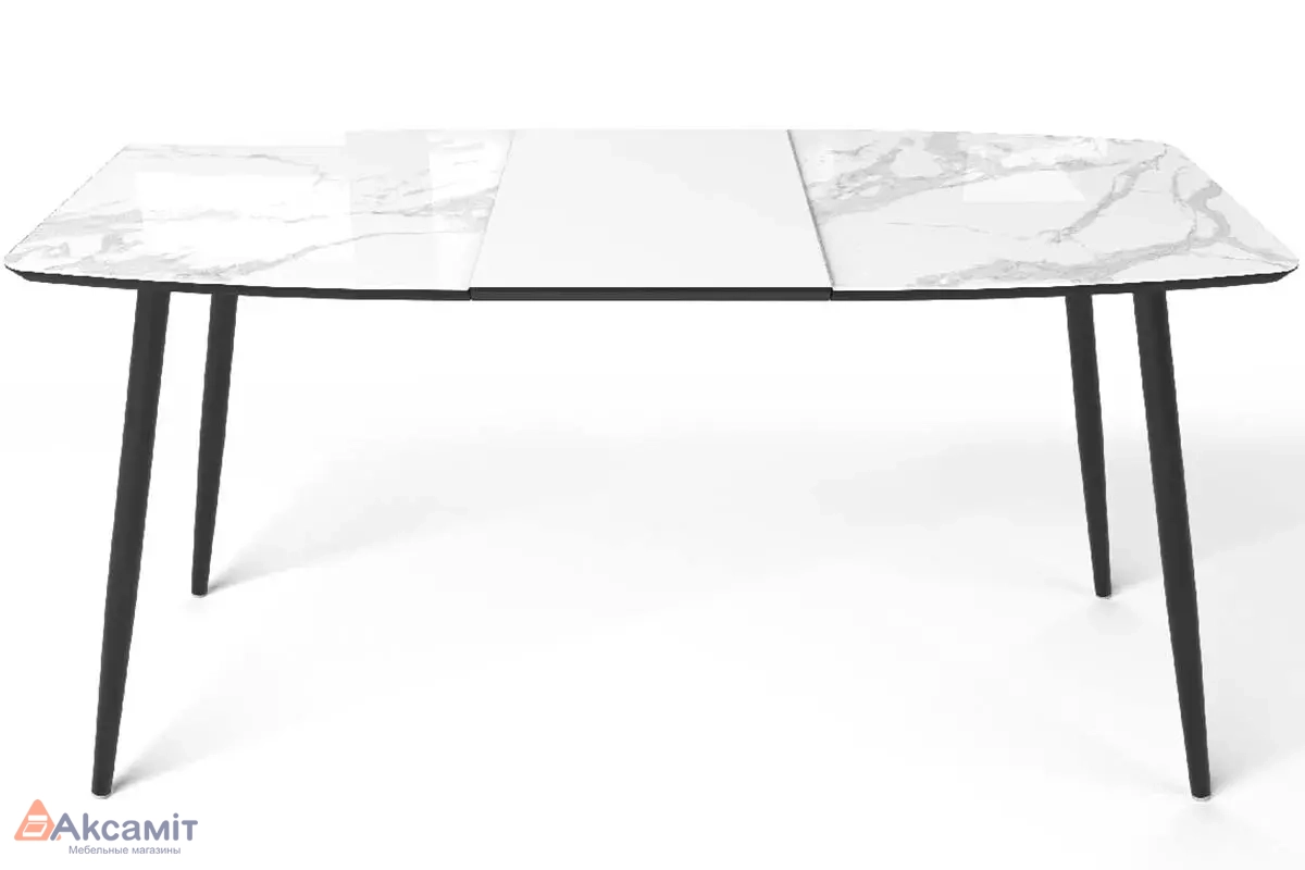 Стол обеденный Квин 1100(1500) (Стекло с фотопечатью Белый мрамор / МДФ Черный кварц / металл черный)
