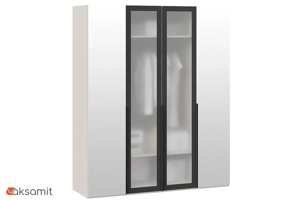 Шкаф для одежды Порто СМ-393.07.115 (580) с 2 зеркальными и 2 стеклянными дверями (Кашемир матовый / Графит / Стекло сатин черное)