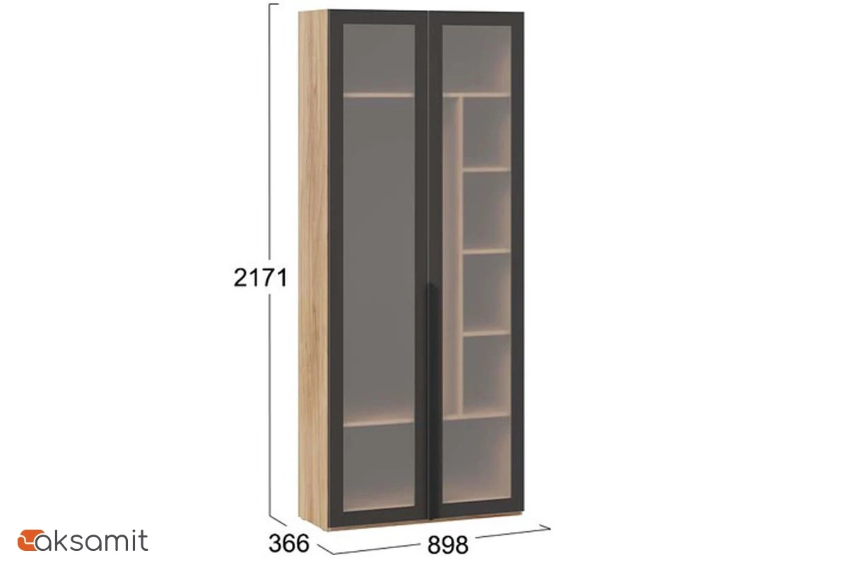 Шкаф для одежды (366) с 2 дверями со стеклом Порто СМ-393.07.226 (Яблоня Беллуно/Графит/Стекло сатин черное)
