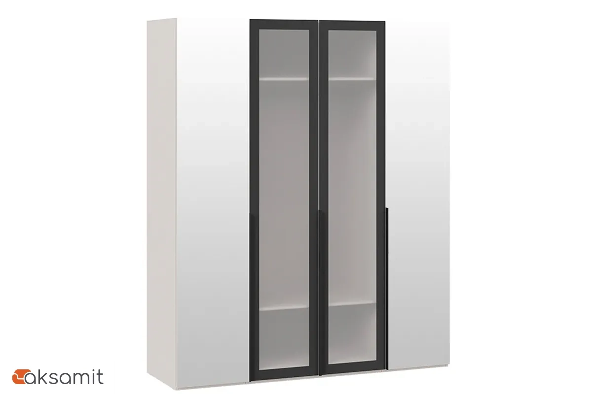 Шкаф для одежды Порто СМ-393.07.115 (580) с 2 зеркальными и 2 стеклянными дверями (Кашемир матовый / Графит / Стекло сатин черное)