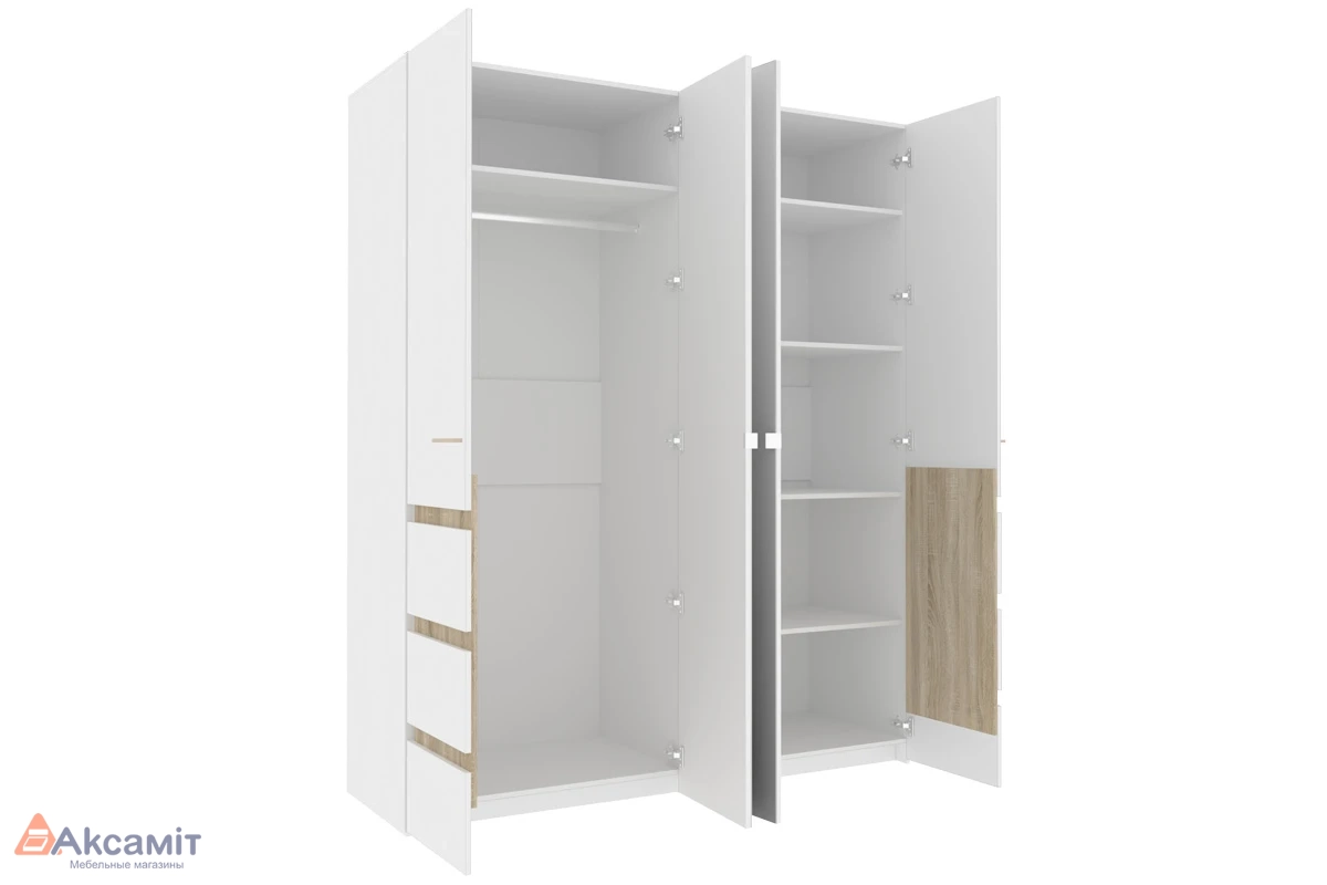 Шкаф для одежды и белья 4-створчатый Анона 8 (Белый/Дуб Сонома)