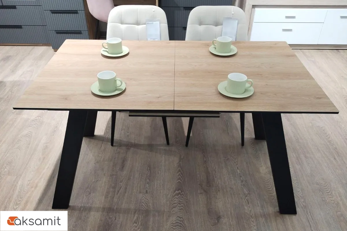 Стол обеденный Морис 1400(1800) (ст. №2 / Пластик S128 / МДФ черная шагрень / Металл черный)