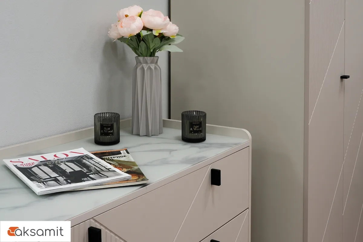 Комод Кашемир 4 ящ. (Кашемир/Сантьяго/Стекло матовое с фотопечатью)