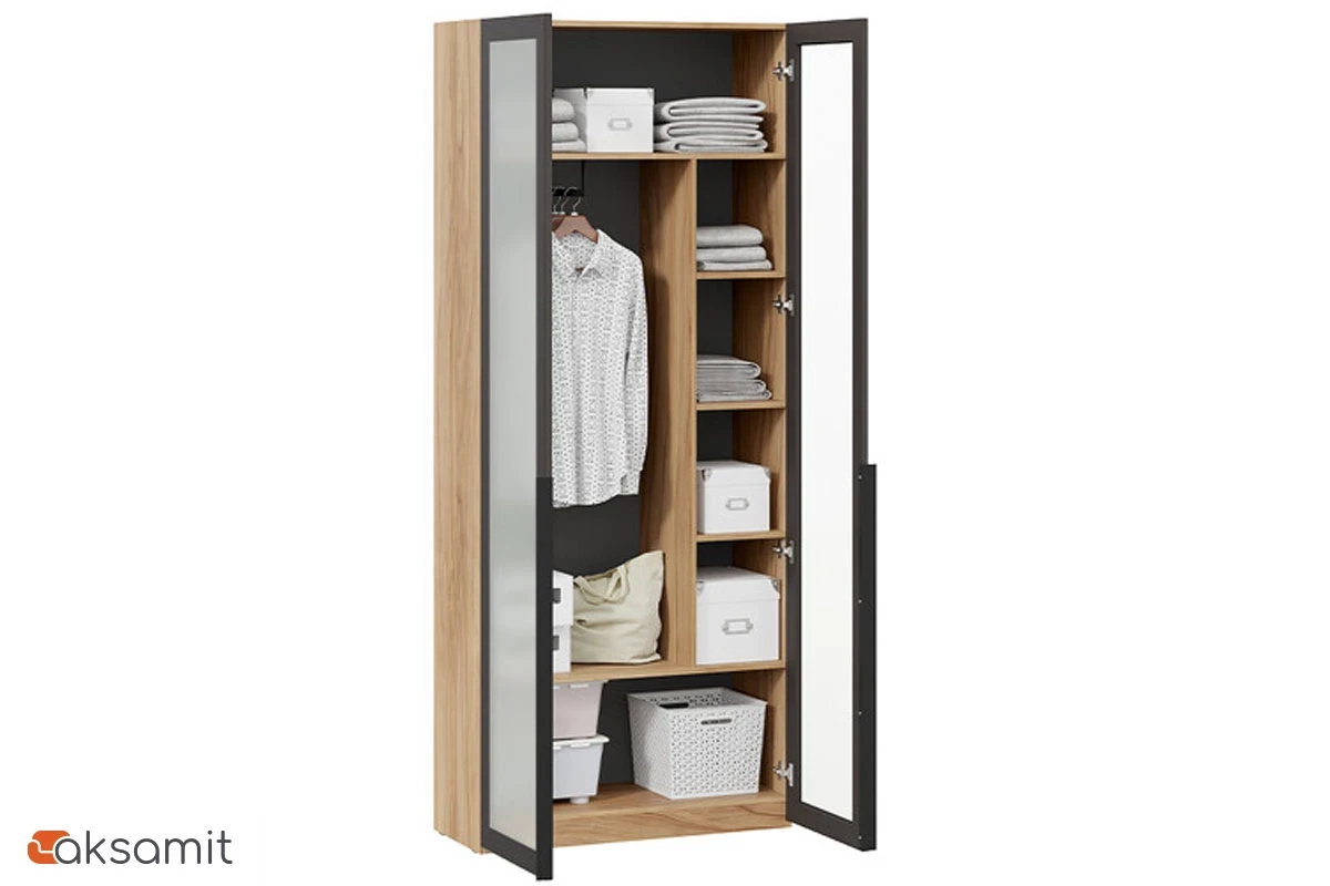 Шкаф для одежды (366) с 2 дверями со стеклом Порто СМ-393.07.226 (Яблоня Беллуно/Графит/Стекло сатин черное)