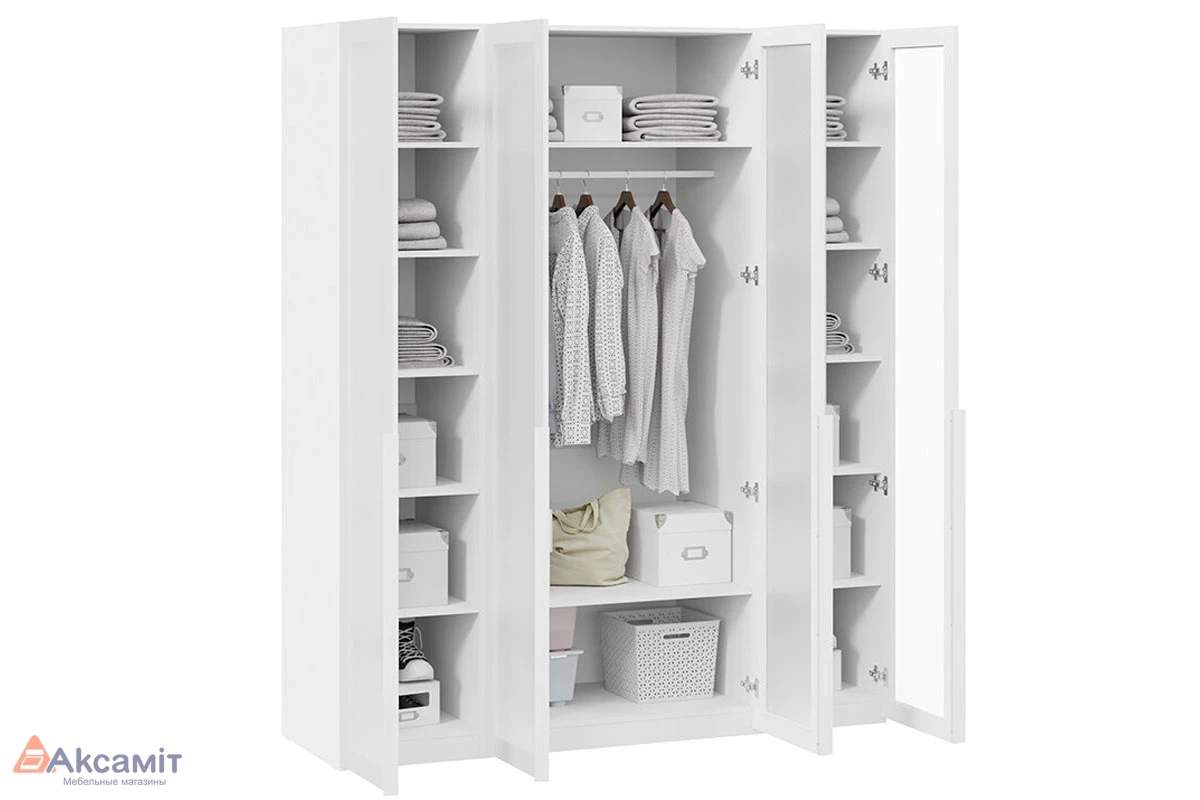 Шкаф для одежды Порто СМ-393.07.114 (580) с 4 стеклянными дверями (Белый Жемчуг/Стекло сатин белое)