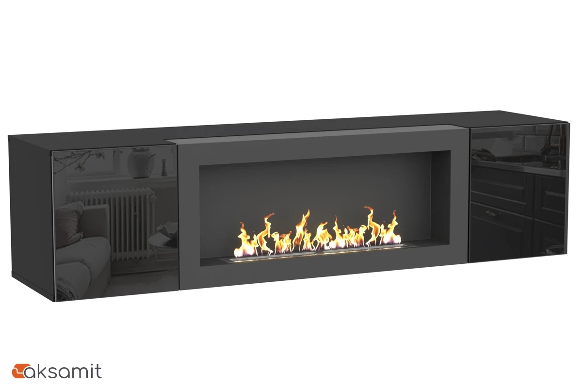 Шкаф навесной POINT ТИП-28 SBK с биокамином (Чёрный/Черный глянец)