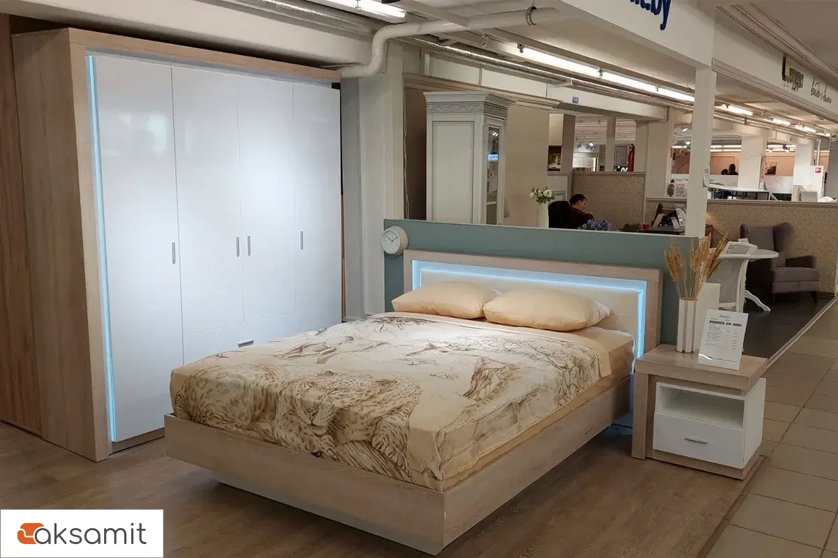 Кровать Люмен 28 с ПМ и подсветкой 160х200 (Дуб сакраменто/Белый снег)