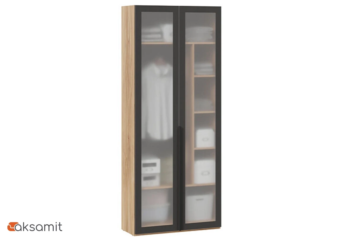 Шкаф для одежды (366) с 2 дверями со стеклом Порто СМ-393.07.226 (Яблоня Беллуно/Графит/Стекло сатин черное)