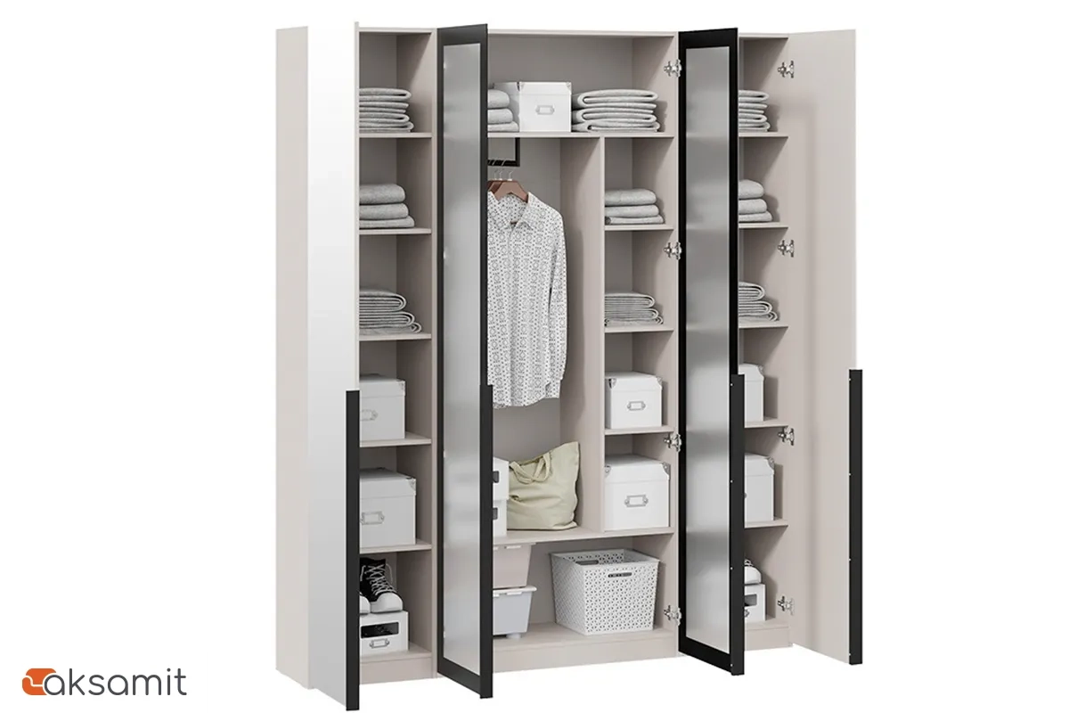 Шкаф для одежды Порто СМ-393.07.115 (580) с 2 зеркальными и 2 стеклянными дверями (Кашемир матовый / Графит / Стекло сатин черное)