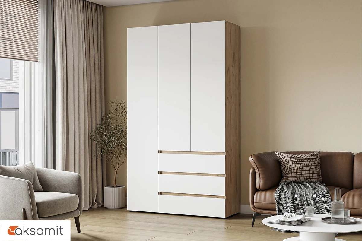 Шкаф 3-створчатый с ящиками Веста (Дуб золотистый / Белый)