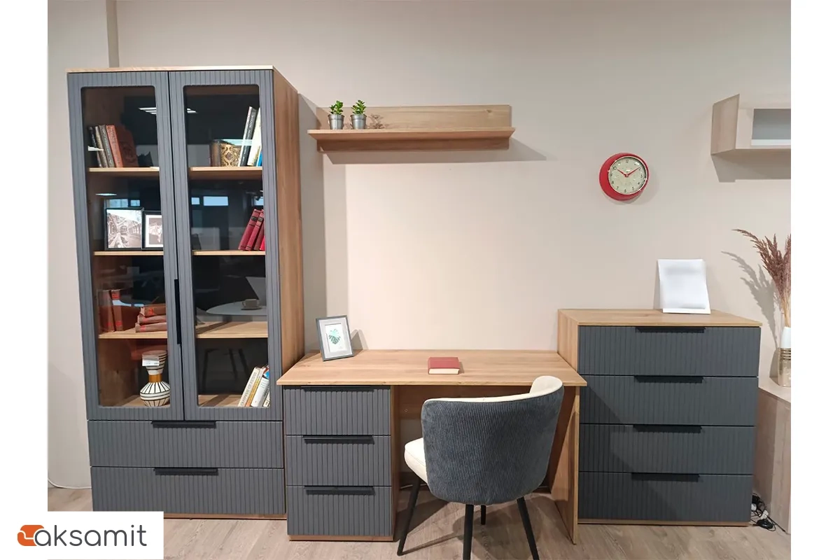 Шкаф-витрина Астория (06) 2-х дверный с ящиками (Дуб кастелло медовый / Графит софт)