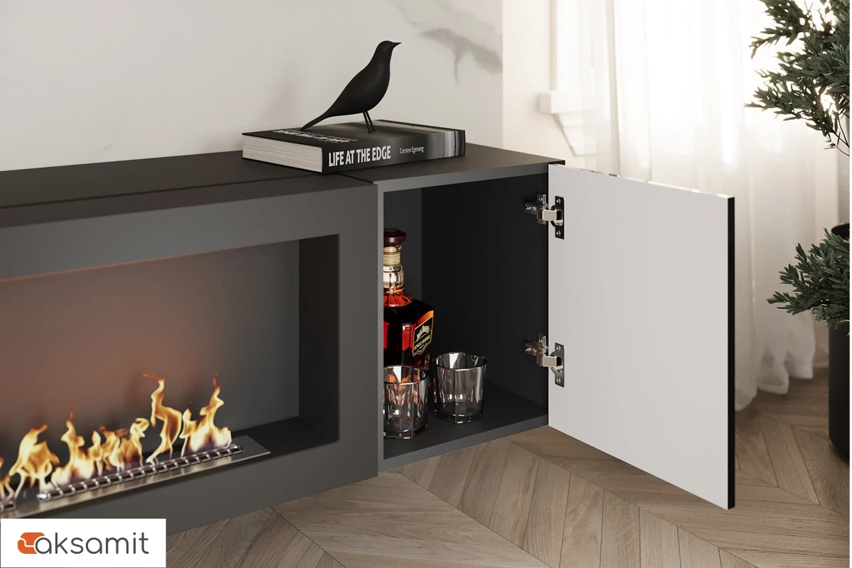 Шкаф навесной POINT ТИП-28 SBK с биокамином (Чёрный/Черный глянец)