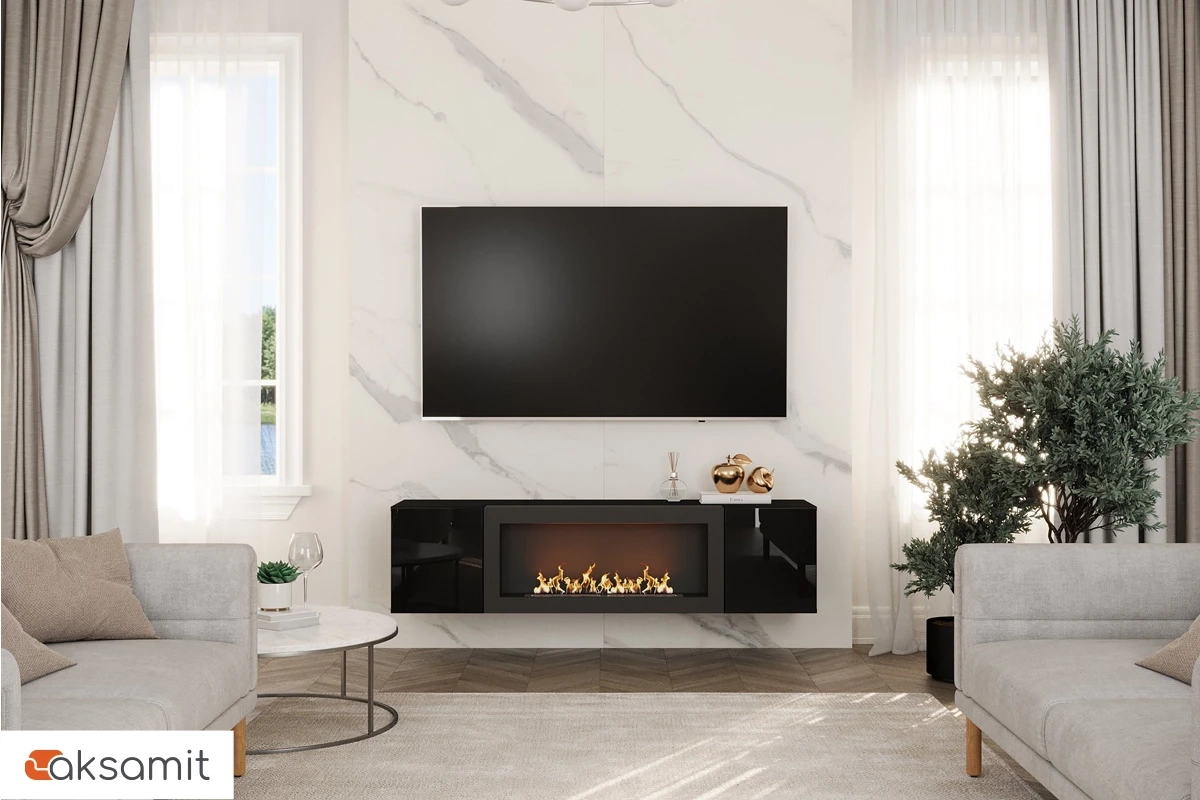 Шкаф навесной POINT ТИП-28 SBK с биокамином (Чёрный/Черный глянец)