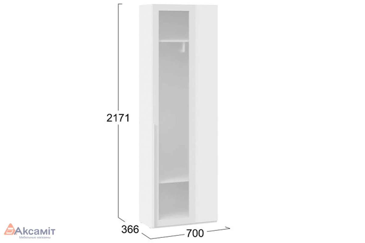 Шкаф угловой (366) с 1 дверью со стеклом Порто СМ-393.07.233 (Белый Жемчуг/Стекло сатин белое)