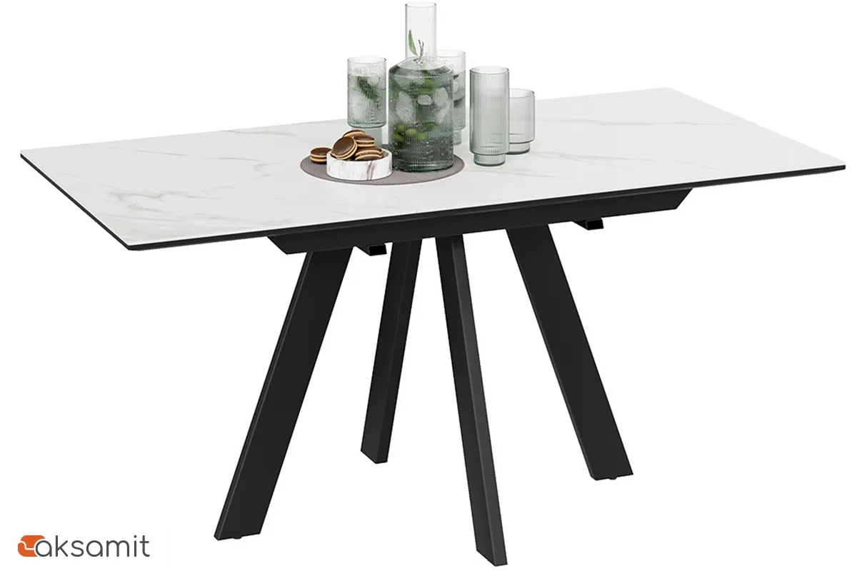 Стол обеденный Бронкс Тип 1 раздвижной (Черный муар / Керамика матовая белый мрамор)