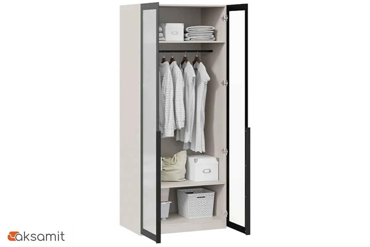 Шкаф для одежды Порто СМ-393.07.009 (580) с 2 дверями со стеклом (Кашемир матовый / Графит / Стекло сатин черное)