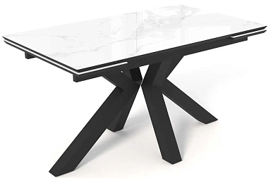 Стол обеденный Кентукки 1400(2000) (Керамика Белый мрамор / МДФ Черный кварц / рама черная / металл черный)