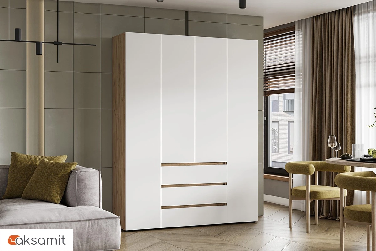 Шкаф 4-створчатый с ящиками Веста (Дуб золотистый / Белый)