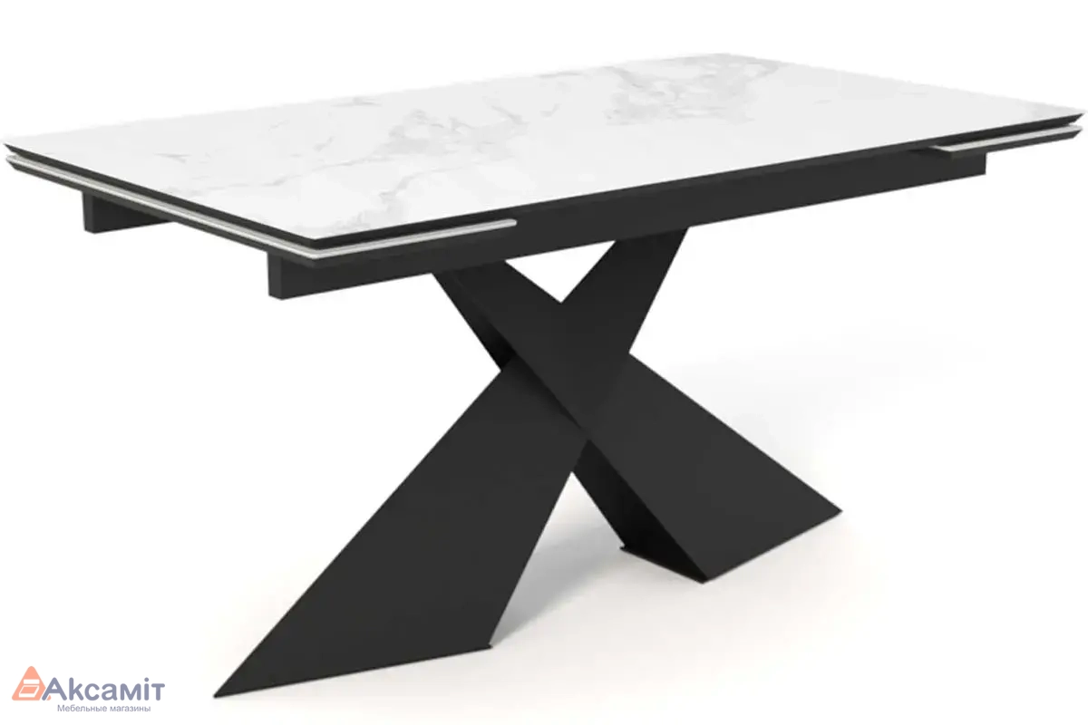 Стол обеденный Марвел 1600(2200) (Керамика 9806035 / МДФ Черный кварц / рама черная / металл черный)
