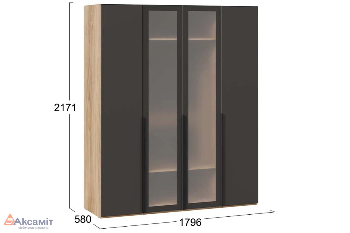Шкаф для одежды Порто СМ-393.07.116 (580) с 2 глухими и 2 стеклянными дверями (Яблоня Беллуно/Графит/Стекло сатин черное)