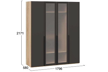 Шкаф для одежды Порто СМ-393.07.116 (580) с 2 глухими и 2 стеклянными дверями (Яблоня Беллуно/Графит/Стекло сатин черное)