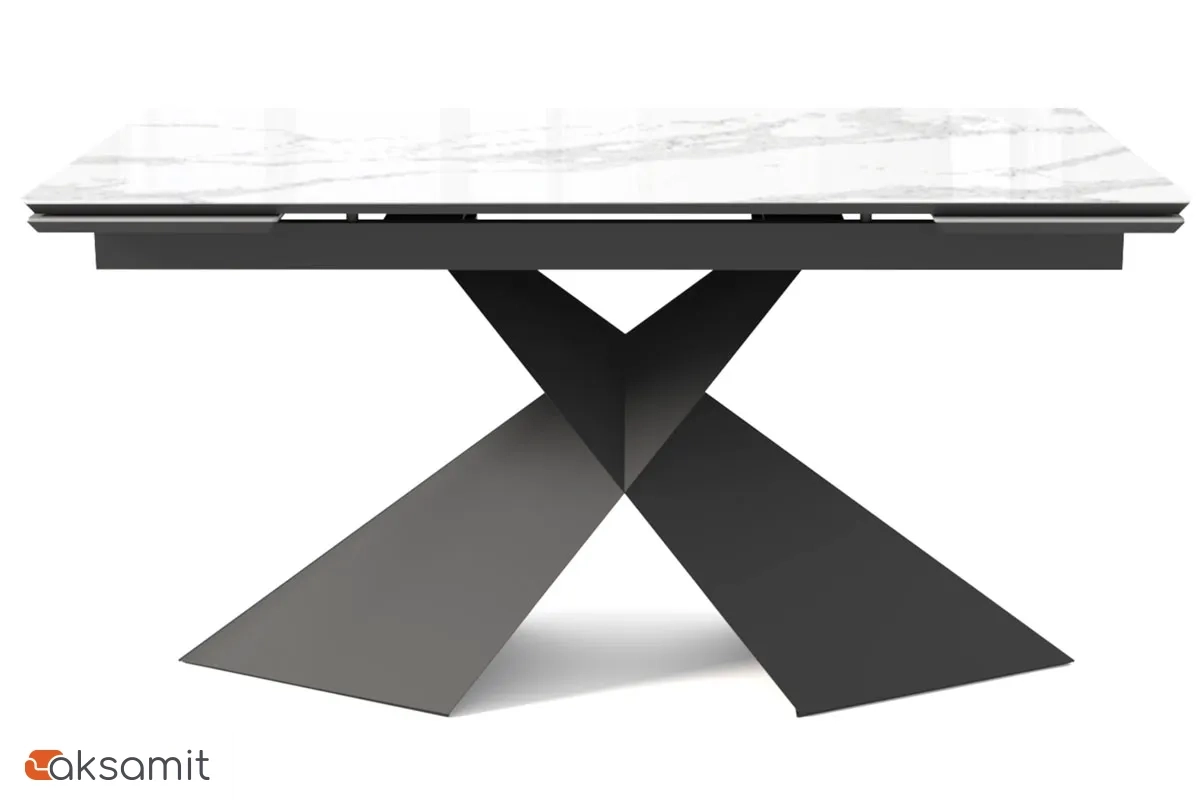 Стол обеденный Марвел 1400(2000) (ст. №2 / Стекло Оптивайт с фотопечатью Белый мрамор/МДФ Черный Кварц/Металл Черный)