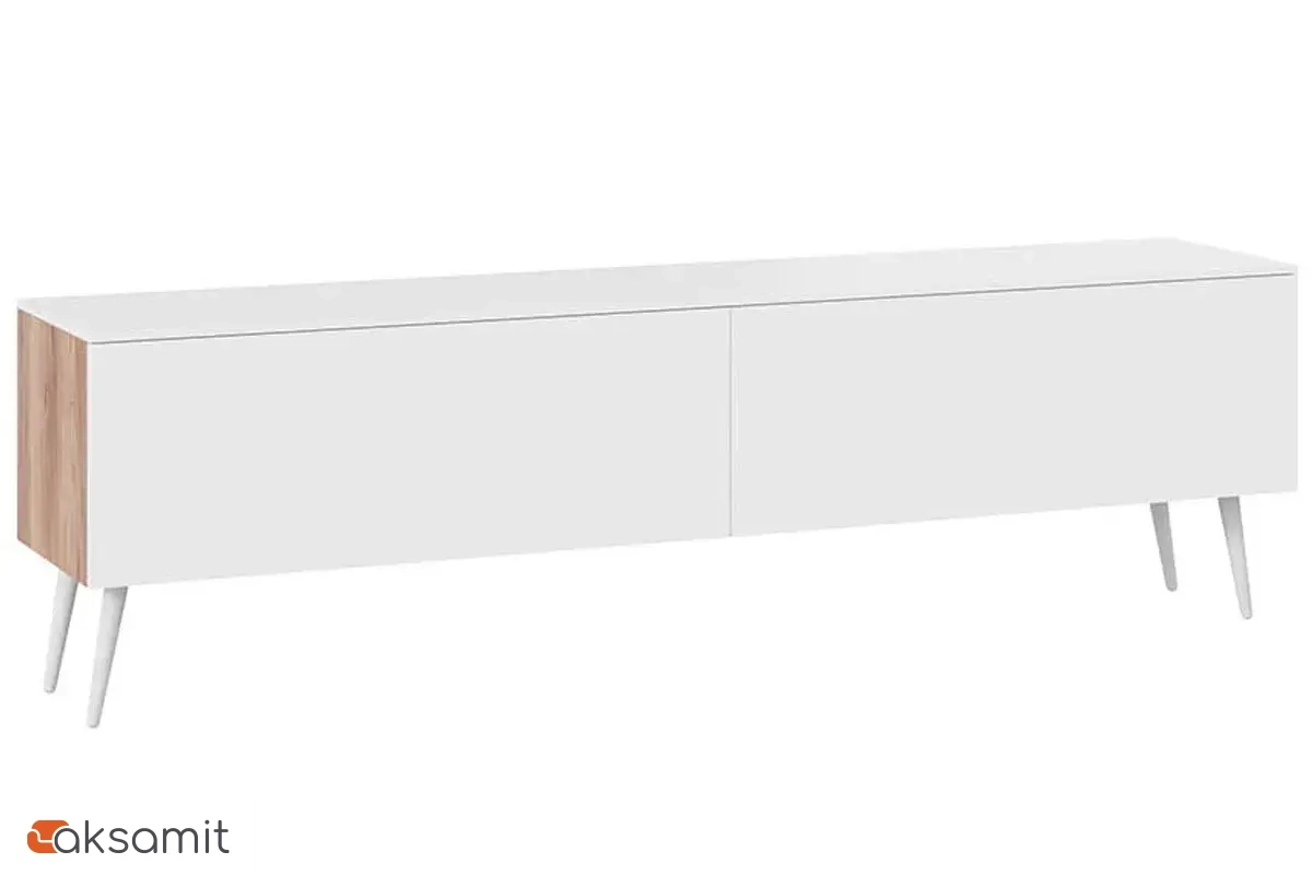 Тумба Порто СМ-393.03.011 для теле- и радиоаппаратуры с опорами (Яблоня Беллуно/Белый софт/Белый)
