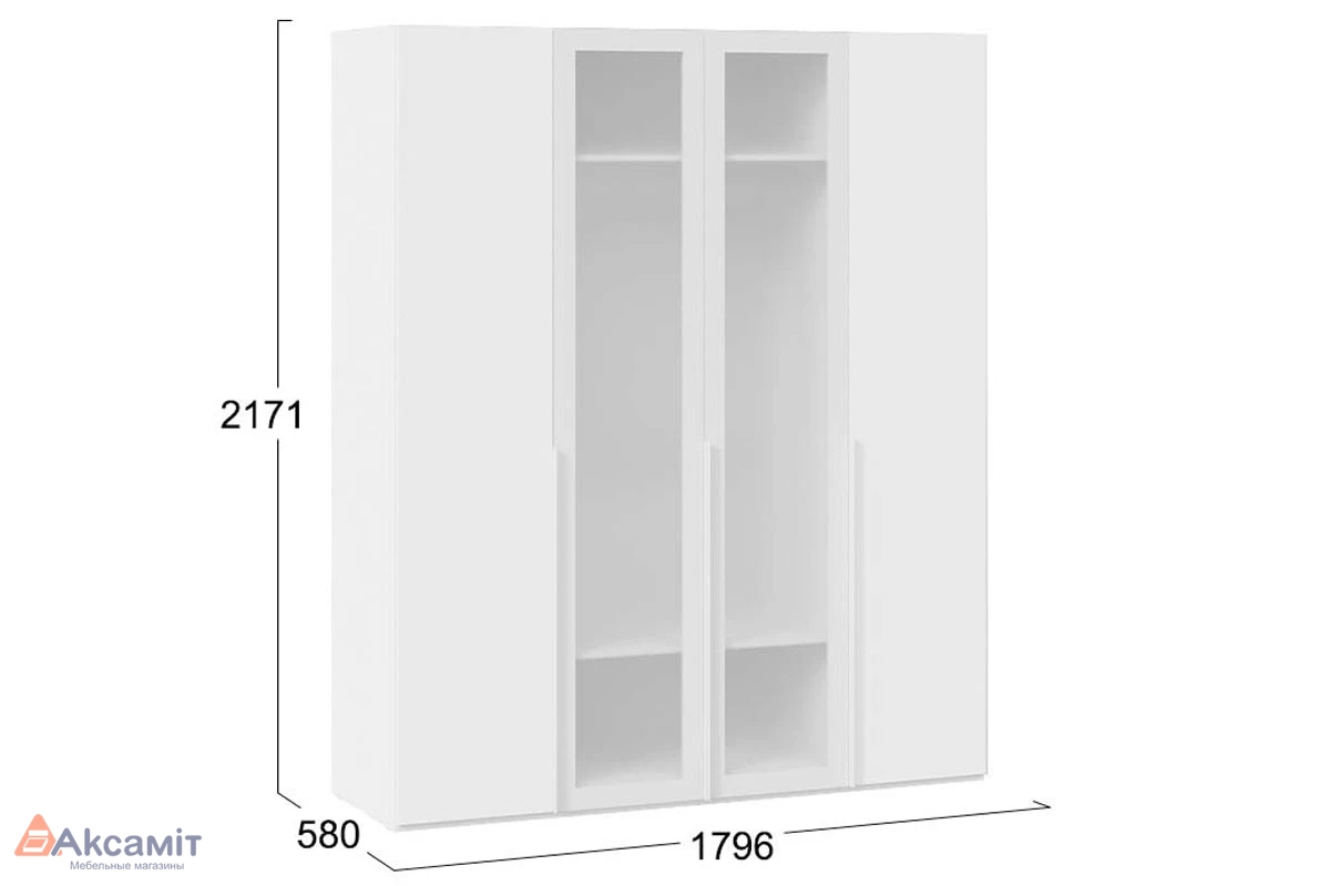 Шкаф для одежды Порто СМ-393.07.116 (580) с 2 глухими и 2 стеклянными дверями (Белый Жемчуг/Стекло сатин белое)