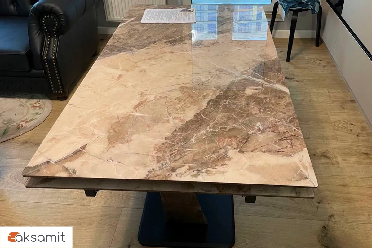 Стол обеденный Вирджиния 1400(2000) (Стекло с фотопечатью Каталония / МДФ Лесной орех / рама черная / МДФ Лесной орех / МДФ Черный кварц)