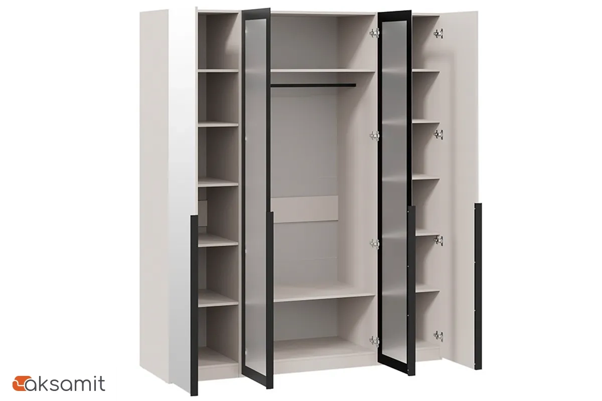 Шкаф для одежды Порто СМ-393.07.115 (580) с 2 зеркальными и 2 стеклянными дверями (Кашемир матовый / Графит / Стекло сатин черное)