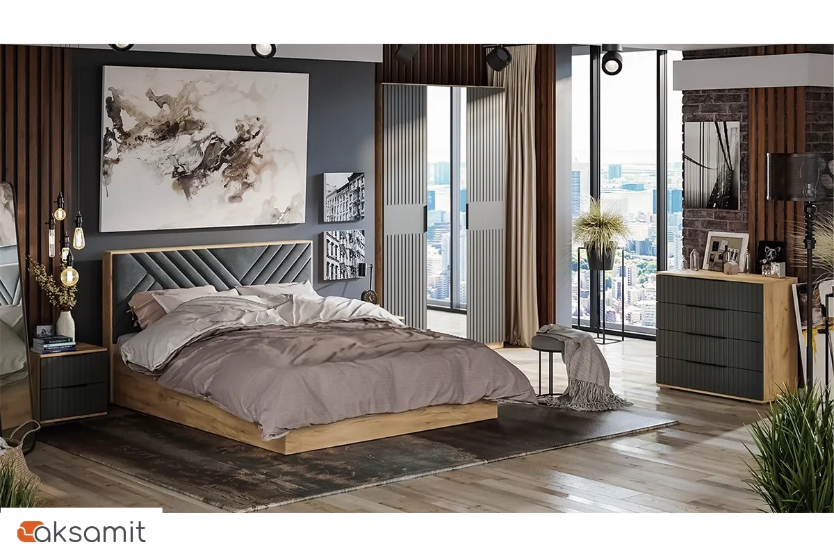 Спальный гарнитур Хилтон №1 (Дуб Крафт золотой/Графит матовый) фото