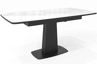 Стол обеденный Слим 1200(1600) (Стекло с фотопечатью Белый мрамор / МДФ Черный кварц / рама черная / металл черный)